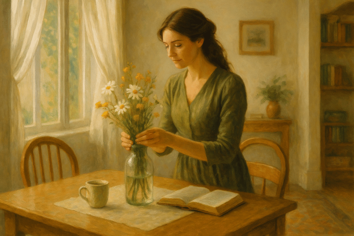 Mulher virtuosa colocando flores em uma vaso em cima da mesa de jantar