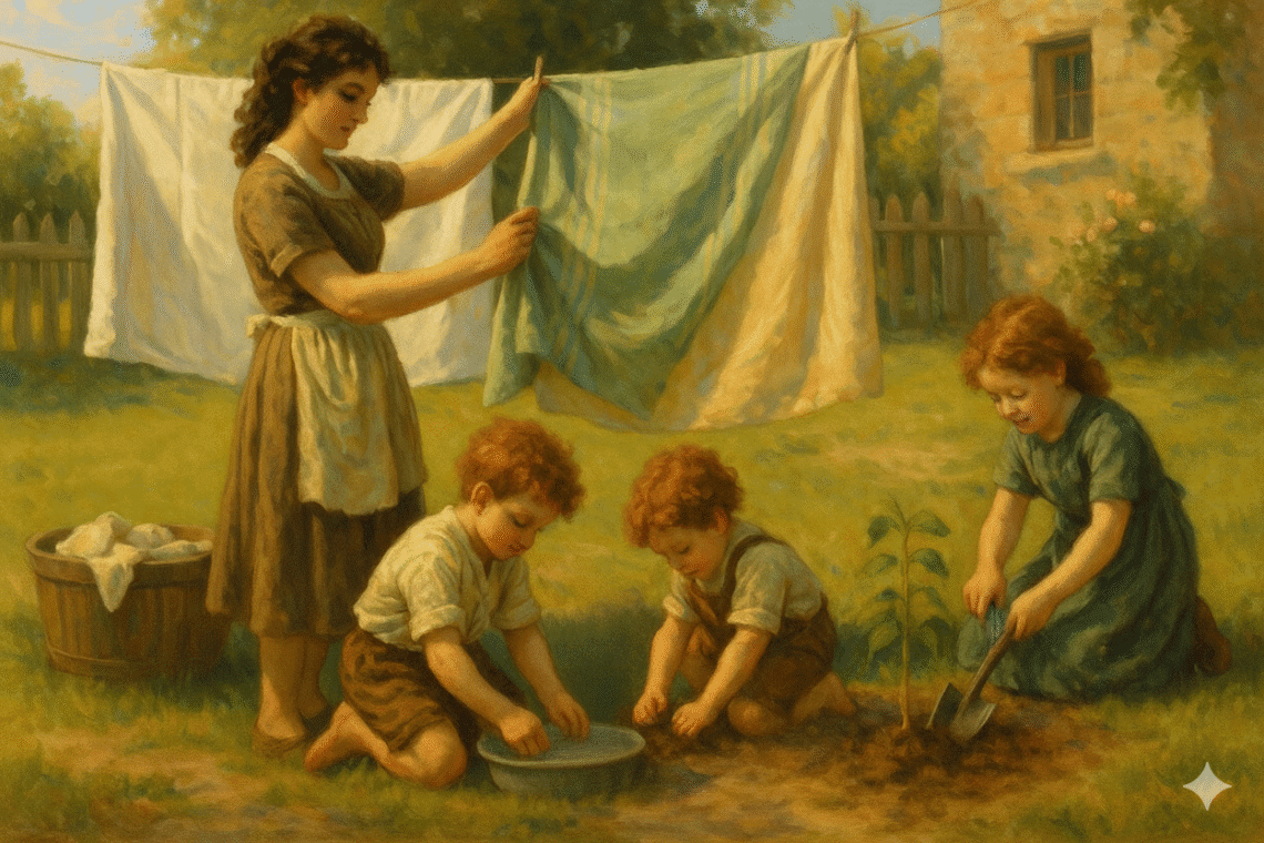 mulher estendendo no jardim roupa ao lado dos 3 filhos que bisncam com agua e terra